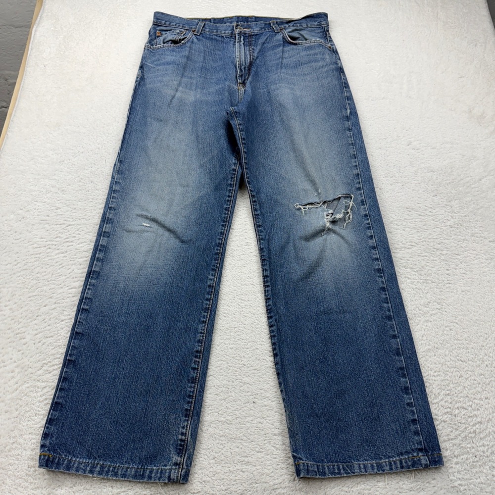 VTG Lucky Brand Mens Jeans Loose Fit Long Length Size 34 Distressed Blue Denim